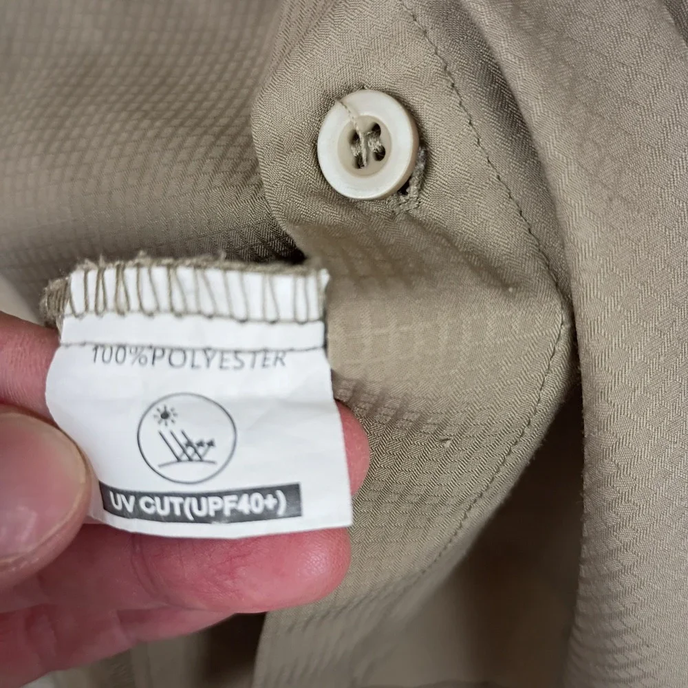 Khaki Ripstop Fishing Shirt Long Sleeve UPF 40+ Sun Protection Men's Large